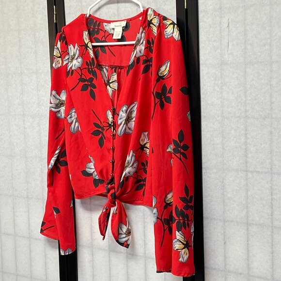 Urban Romantics V Neck Sheer Front Button Crop Tie Waist Bell Sleeve Top Red M - Picture 4 of 11